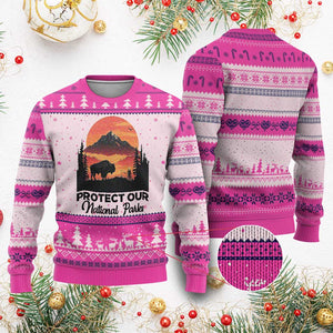 Protect Our National Parks Ugly Christmas Sweater Bison Buffalo Vintage Graphic TS02 Hot Pink Print Your Wear