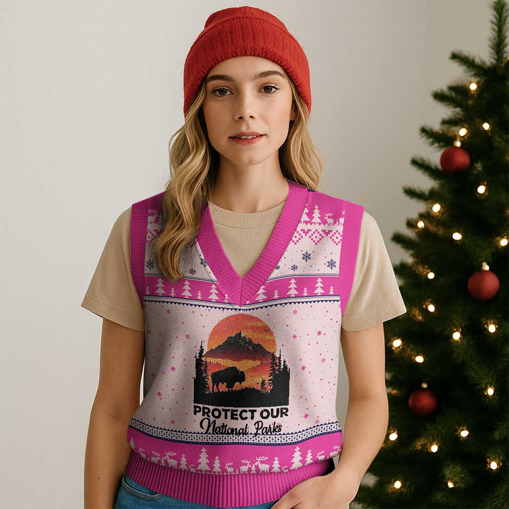 Protect Our National Parks V-Neck Knit Sweater Vest Bison Buffalo Vintage Graphic TS02 Hot Pink Print Your Wear
