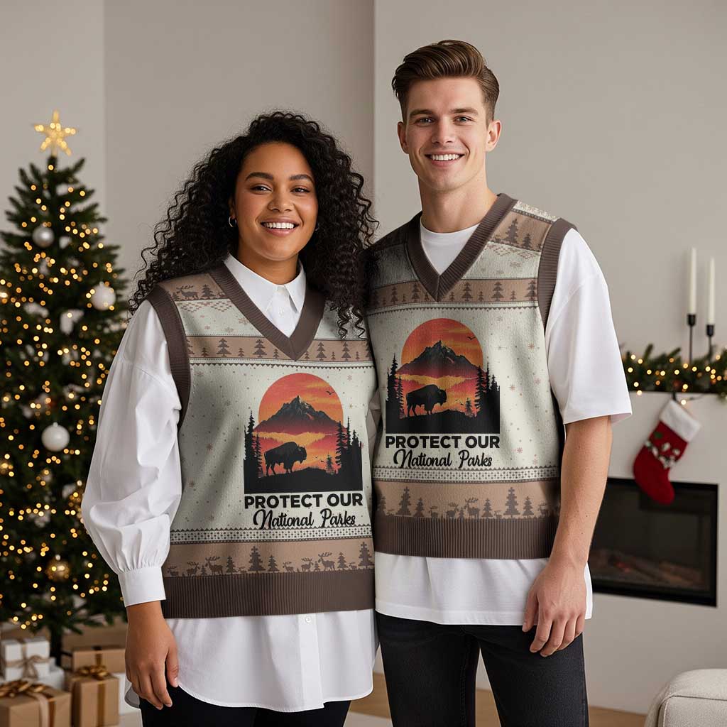 Protect Our National Parks V-Neck Knit Sweater Vest Bison Buffalo Vintage Graphic TS02 Mocha Mousse Print Your Wear