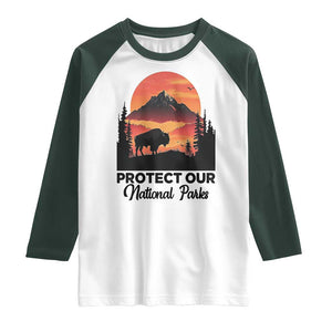 Protect Our National Parks Raglan Shirt Bison Buffalo Vintage Graphic TS02 White Dark Forest Green Print Your Wear