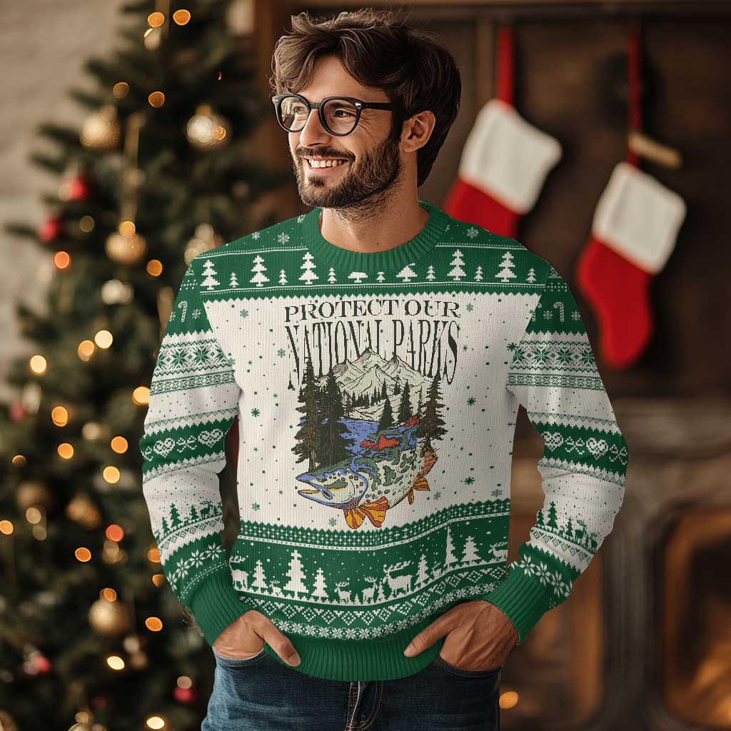 Protect Our National Parks Ugly Christmas Sweater Wildlife Fishing Outdoor Adventure Retro TS02 Beige Green Print Your Wear