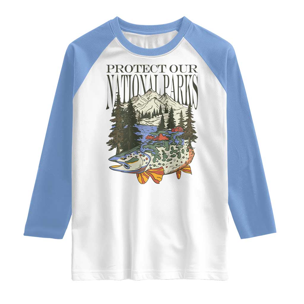 Protect Our National Parks Raglan Shirt Wildlife Fishing Outdoor Adventure Retro TS02 White Carolina Blue Print Your Wear