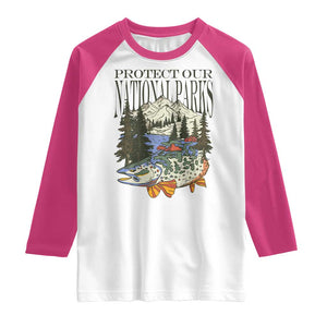 Protect Our National Parks Raglan Shirt Wildlife Fishing Outdoor Adventure Retro TS02 White Heliconia Print Your Wear