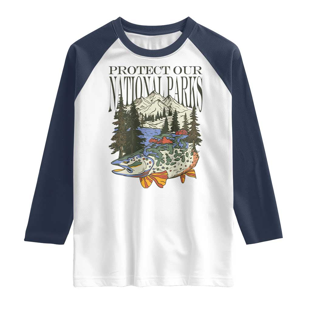 Protect Our National Parks Raglan Shirt Wildlife Fishing Outdoor Adventure Retro TS02 White Navy Print Your Wear