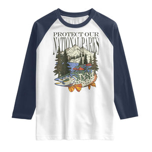 Protect Our National Parks Raglan Shirt Wildlife Fishing Outdoor Adventure Retro TS02 White Navy Print Your Wear