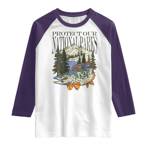 Protect Our National Parks Raglan Shirt Wildlife Fishing Outdoor Adventure Retro TS02 White Purple Print Your Wear