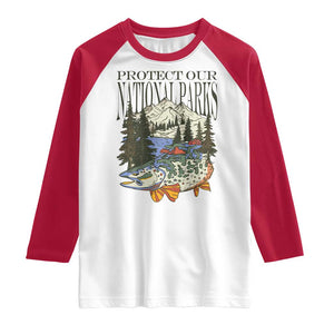 Protect Our National Parks Raglan Shirt Wildlife Fishing Outdoor Adventure Retro TS02 White Red Print Your Wear