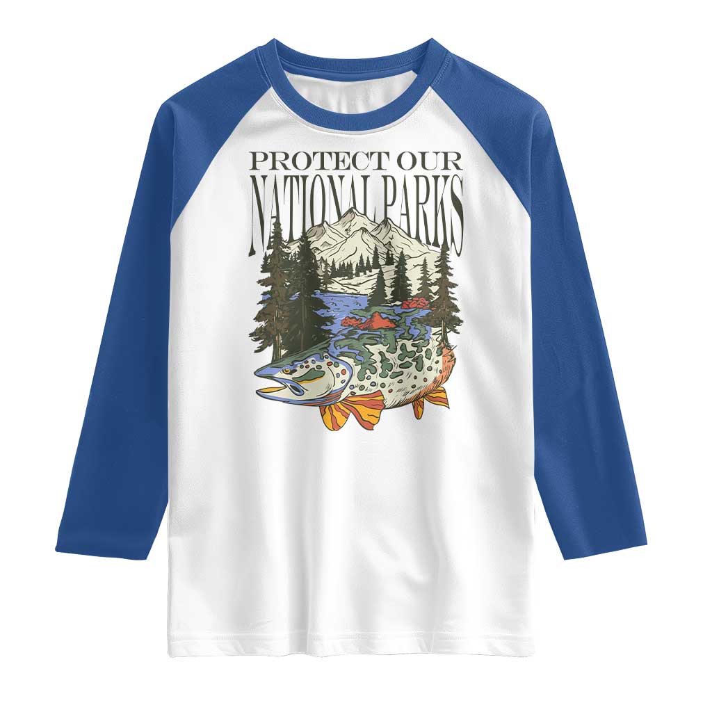 Protect Our National Parks Raglan Shirt Wildlife Fishing Outdoor Adventure Retro TS02 White Royal Print Your Wear