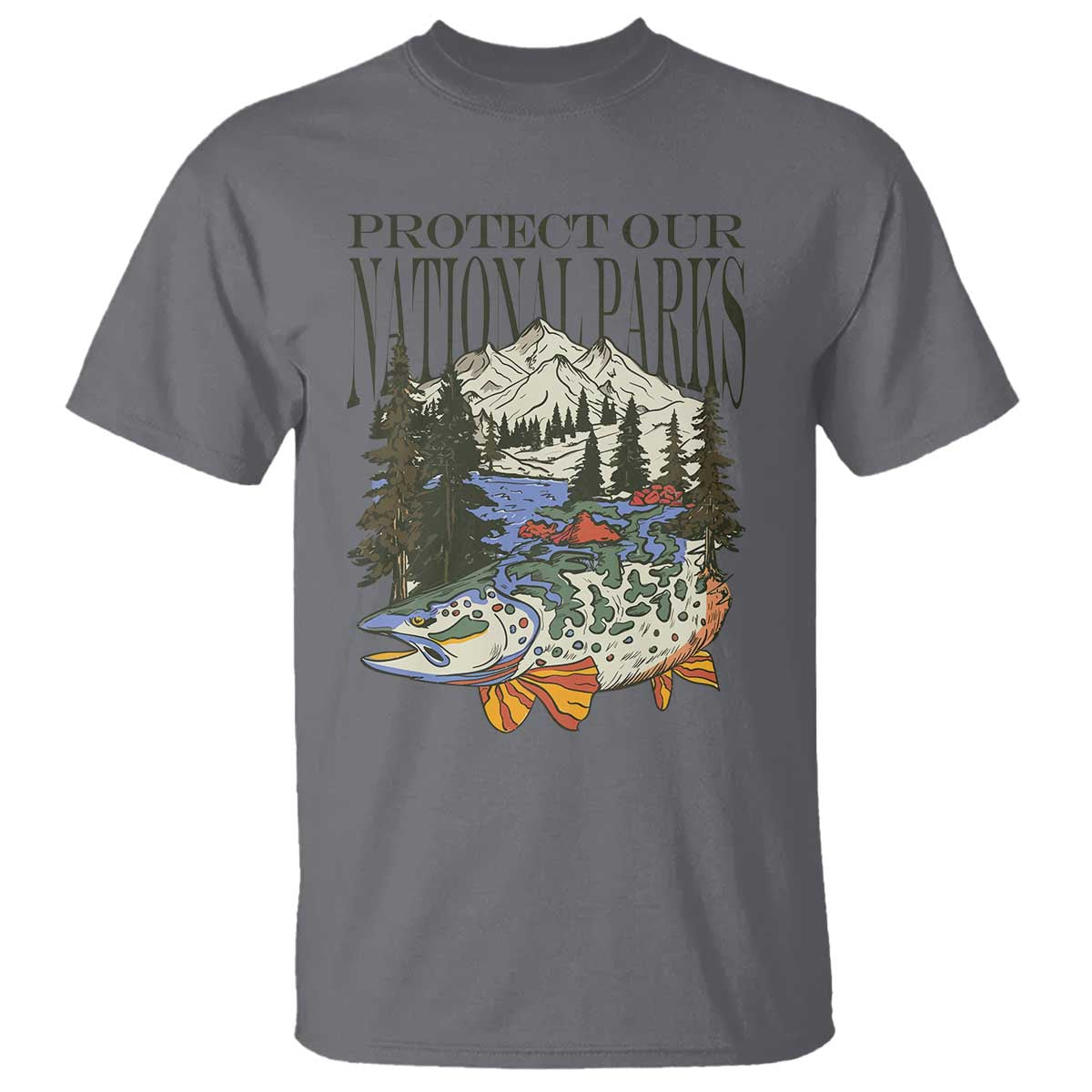 Protect Our National Parks T Shirt Wildlife Fishing Outdoor Adventure Retro TS02 Charcoal Print Your Wear