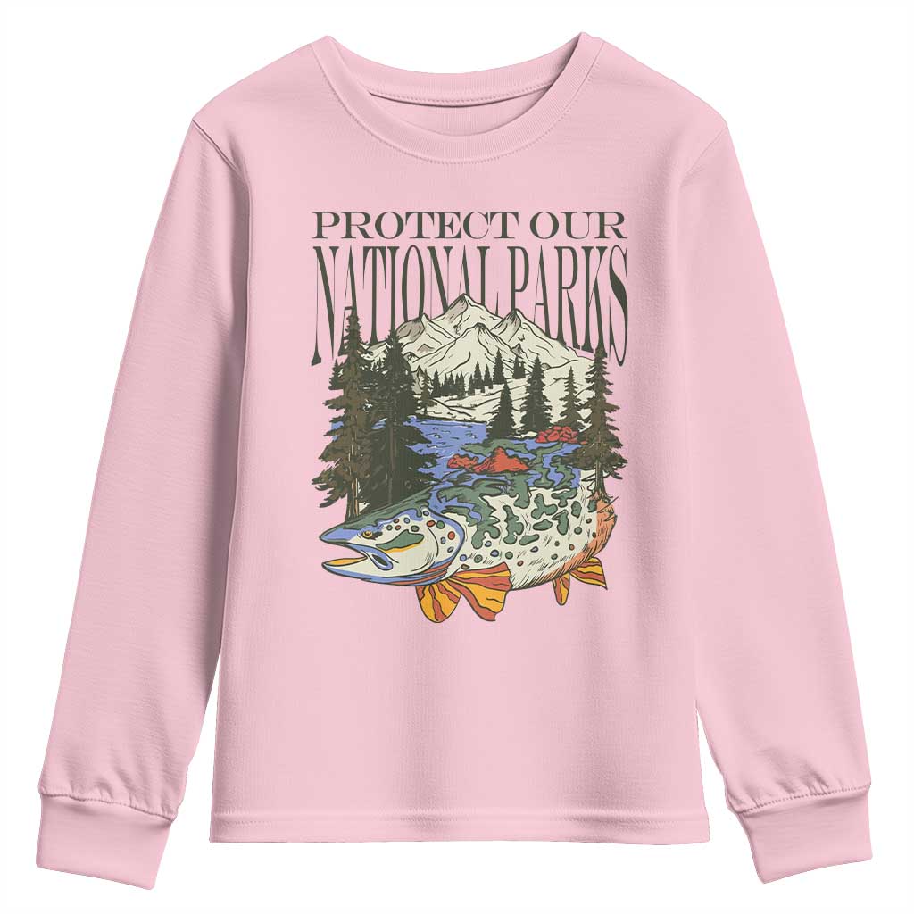 Protect Our National Parks Youth Sweatshirt Wildlife Fishing Outdoor Adventure Retro TS02 Light Pink Print Your Wear