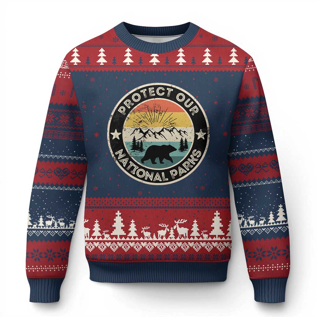 Protect Our National Parks Ugly Christmas Sweater Bear Wildlife Retro Mountain Graphic TS02 Navy Red Print Your Wear