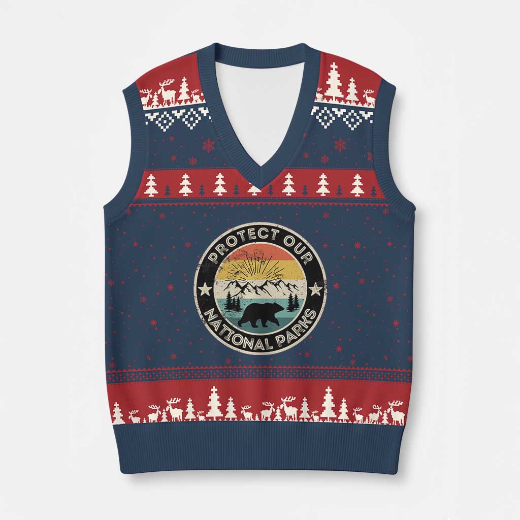 Protect Our National Parks V-Neck Knit Sweater Vest Bear Wildlife Retro Mountain Graphic TS02 Navy Red Print Your Wear