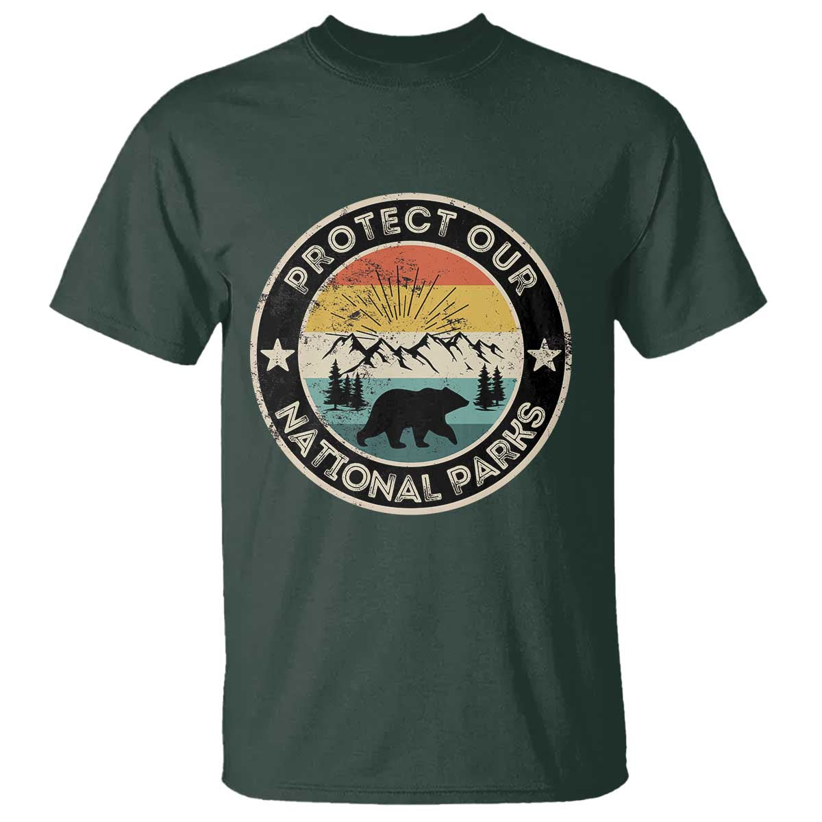 Protect Our National Parks T Shirt Bear Wildlife Retro Mountain Graphic TS02 Dark Forest Green Print Your Wear