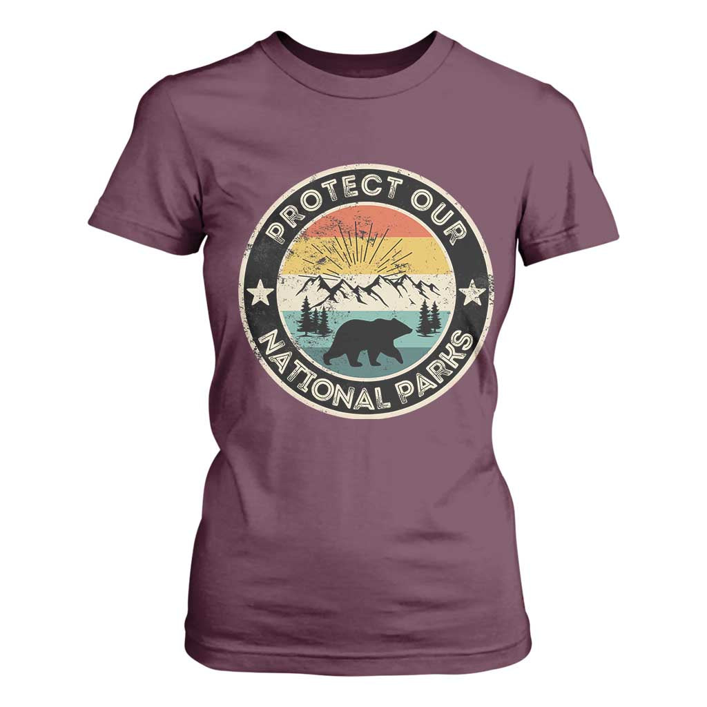 Protect Our National Parks T Shirt For Women Bear Wildlife Retro Mountain Graphic TS02 Maroon Print Your Wear