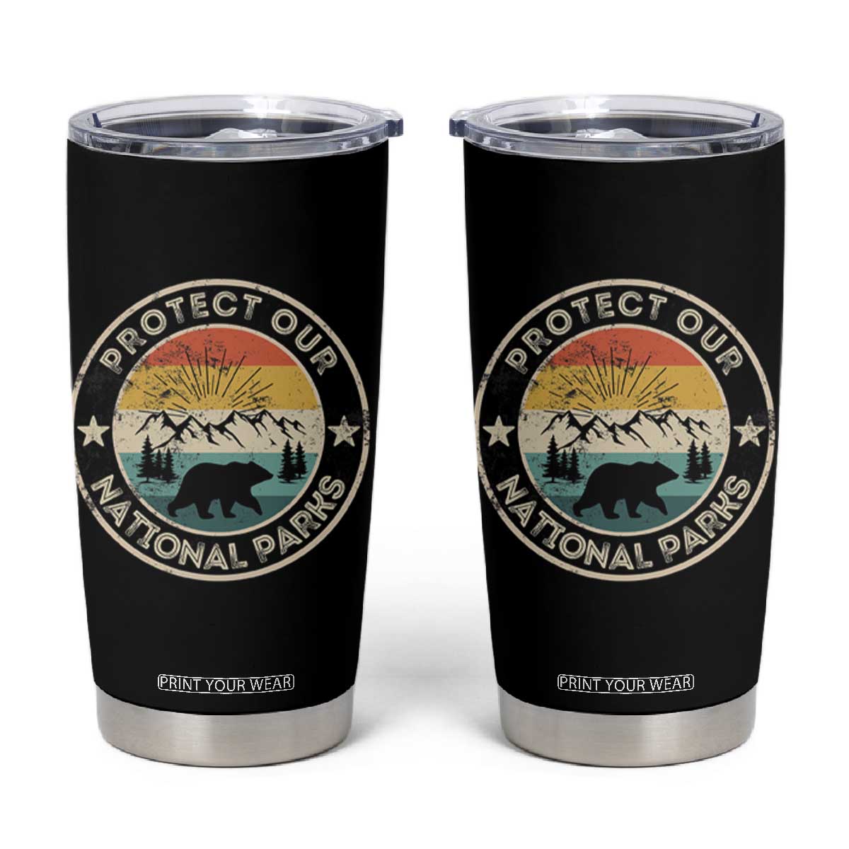 Protect Our National Parks Tumbler Cup Bear Wildlife Retro Mountain Graphic TS02 Black Print Your Wear