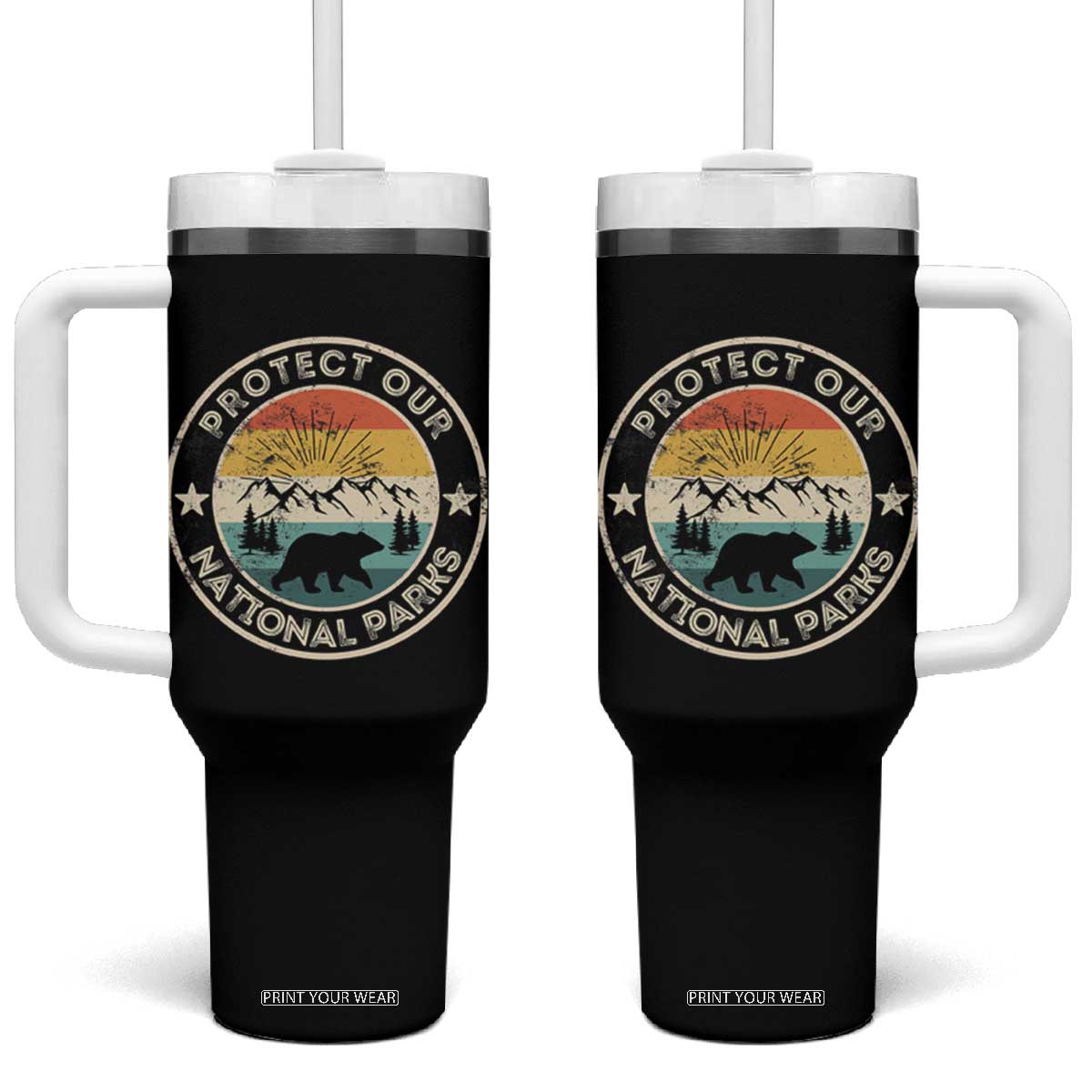 Protect Our National Parks Tumbler With Handle Bear Wildlife Retro Mountain Graphic TS02 One Size: 40 oz Black Print Your Wear