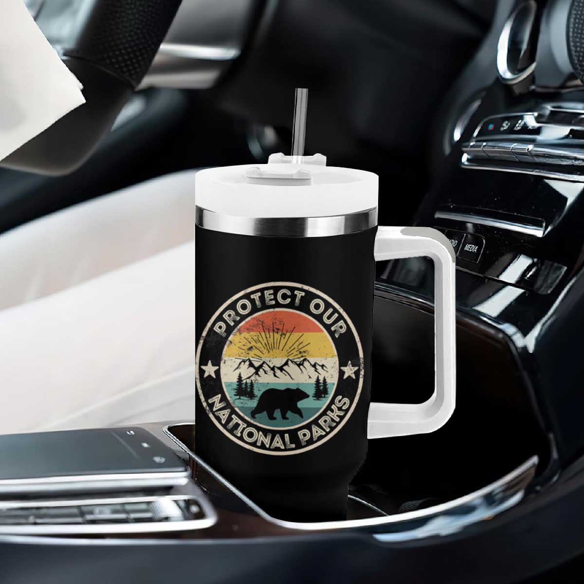 Protect Our National Parks Tumbler With Handle Bear Wildlife Retro Mountain Graphic TS02 Print Your Wear