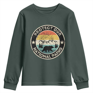 Protect Our National Parks Youth Sweatshirt Bear Wildlife Retro Mountain Graphic TS02 Dark Forest Green Print Your Wear