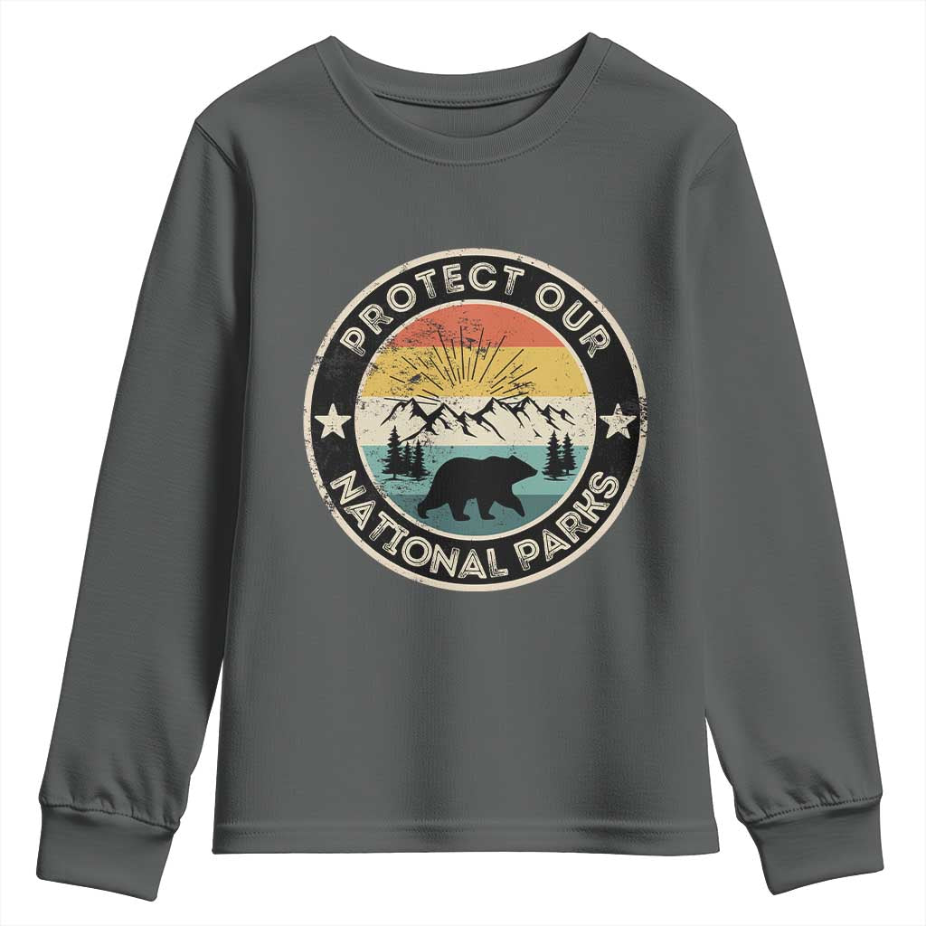 Protect Our National Parks Youth Sweatshirt Bear Wildlife Retro Mountain Graphic TS02 Dark Heather Print Your Wear
