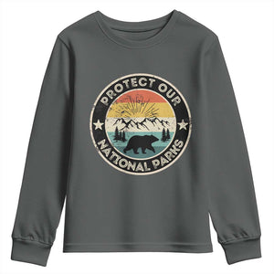 Protect Our National Parks Youth Sweatshirt Bear Wildlife Retro Mountain Graphic TS02 Dark Heather Print Your Wear