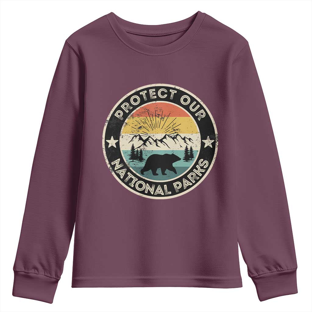 Protect Our National Parks Youth Sweatshirt Bear Wildlife Retro Mountain Graphic TS02 Maroon Print Your Wear