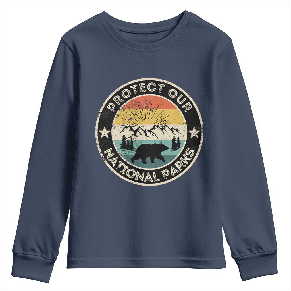 Protect Our National Parks Youth Sweatshirt Bear Wildlife Retro Mountain Graphic TS02 Navy Print Your Wear