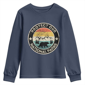 Protect Our National Parks Youth Sweatshirt Bear Wildlife Retro Mountain Graphic TS02 Navy Print Your Wear