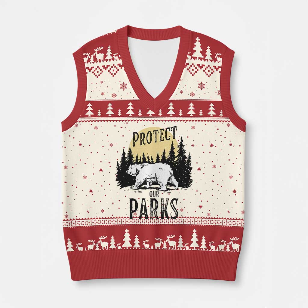Protect Our Parks V-Neck Knit Sweater Vest Retro Bear Forest Nature Graphic TS02 Beige Red Print Your Wear