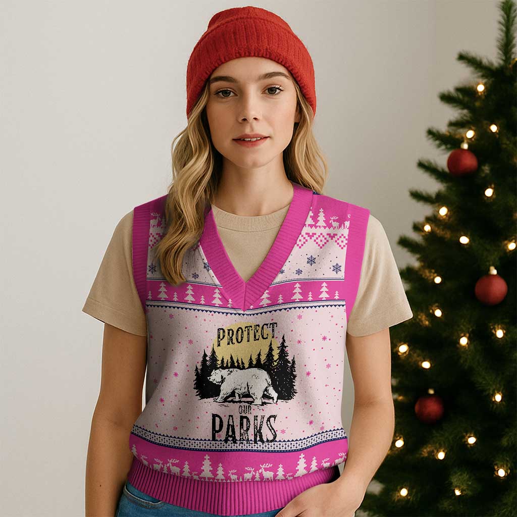 Protect Our Parks V-Neck Knit Sweater Vest Retro Bear Forest Nature Graphic TS02 Hot Pink Print Your Wear