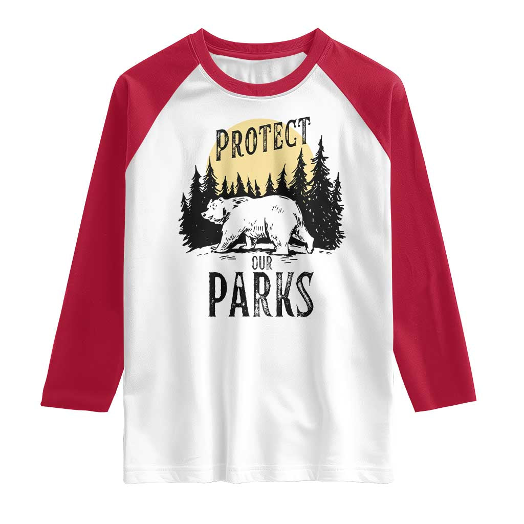 Protect Our Parks Raglan Shirt Retro Bear Forest Nature Graphic TS02 White Red Print Your Wear