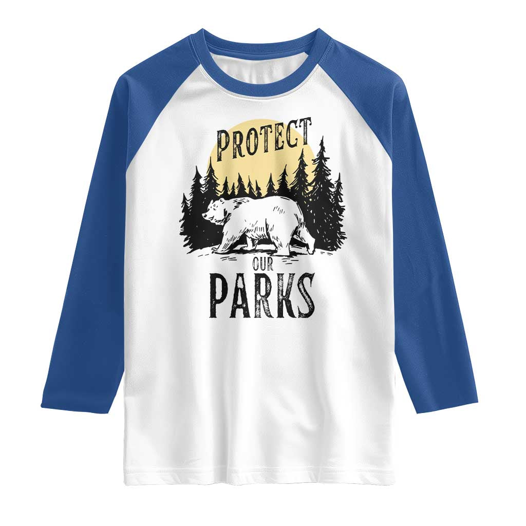 Protect Our Parks Raglan Shirt Retro Bear Forest Nature Graphic TS02 White Royal Print Your Wear