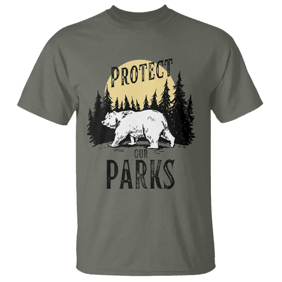 Protect Our Parks T Shirt Retro Bear Forest Nature Graphic TS02 Military Green Print Your Wear