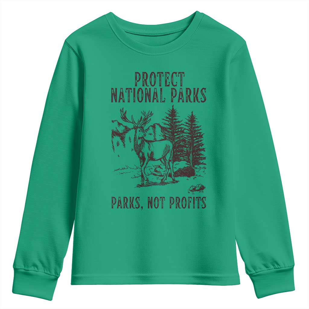 Protect National Parks Youth Sweatshirt Support Parks Not Profits Deer TS02 Irish Green Print Your Wear