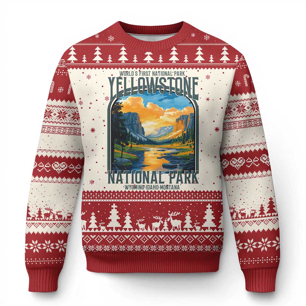 Yellowstone National Park Ugly Christmas Sweater Worlds First NP Retro Vintage Graphic TS02 Beige Red Print Your Wear