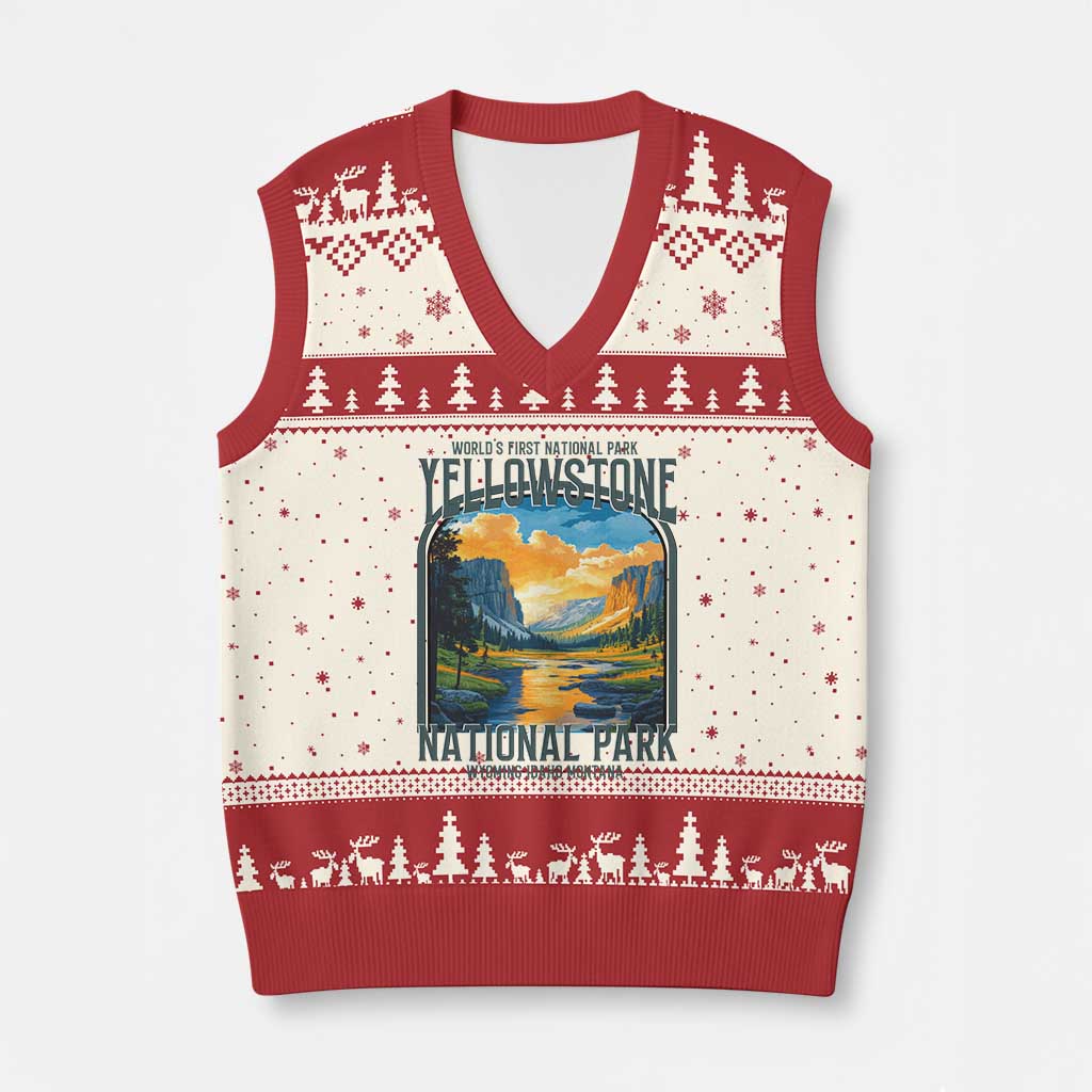 Yellowstone National Park V-Neck Knit Sweater Vest Worlds First NP Retro Vintage Graphic TS02 Beige Red Print Your Wear
