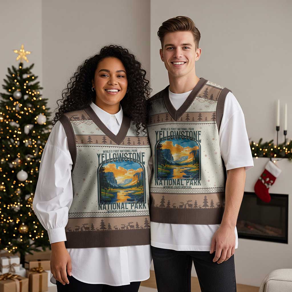 Yellowstone National Park V-Neck Knit Sweater Vest Worlds First NP Retro Vintage Graphic TS02 Mocha Mousse Print Your Wear