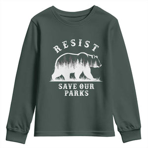 Resist Save Our Parks Youth Sweatshirt Bear US National Parks Wildlife Nature TS02 Dark Forest Green Print Your Wear