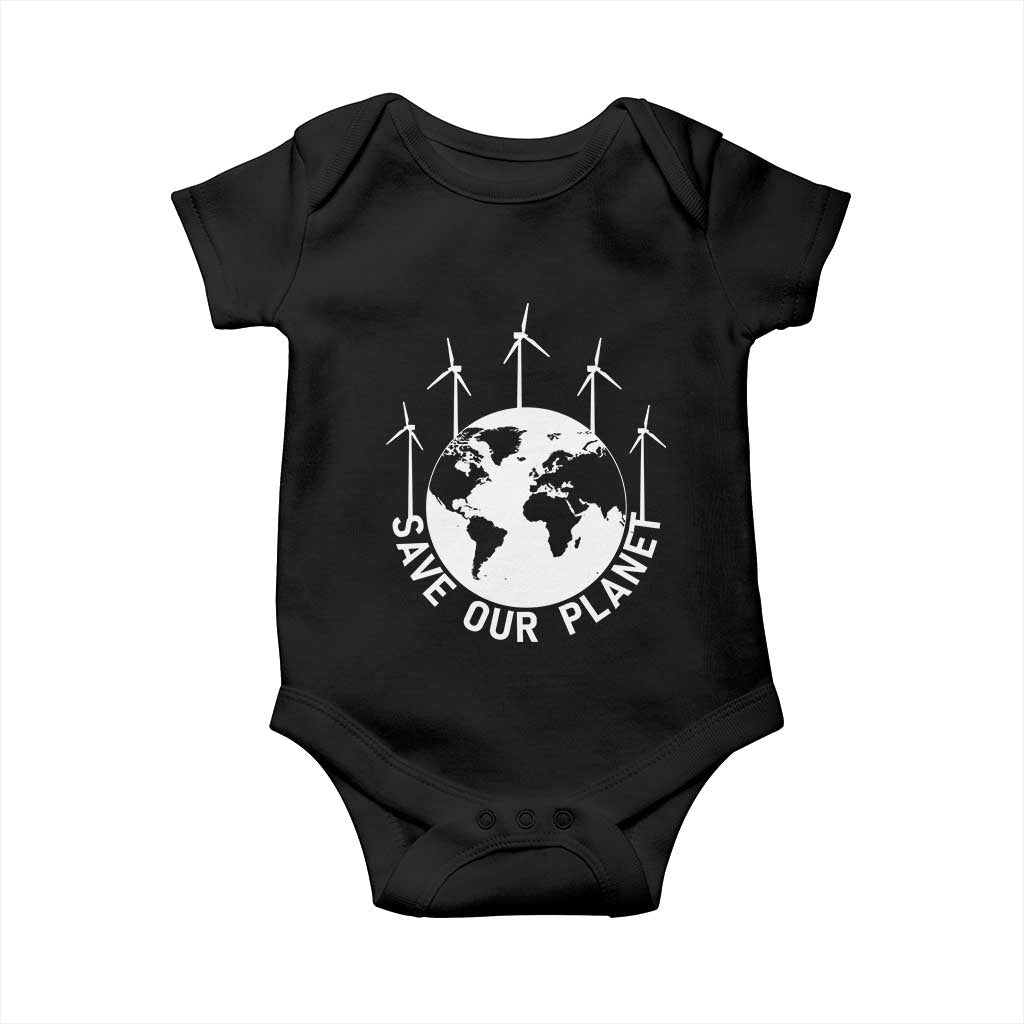 Save Our Planet Baby Onesie Wind Power Electricity Earth Day 2025 TS02 Black Print Your Wear