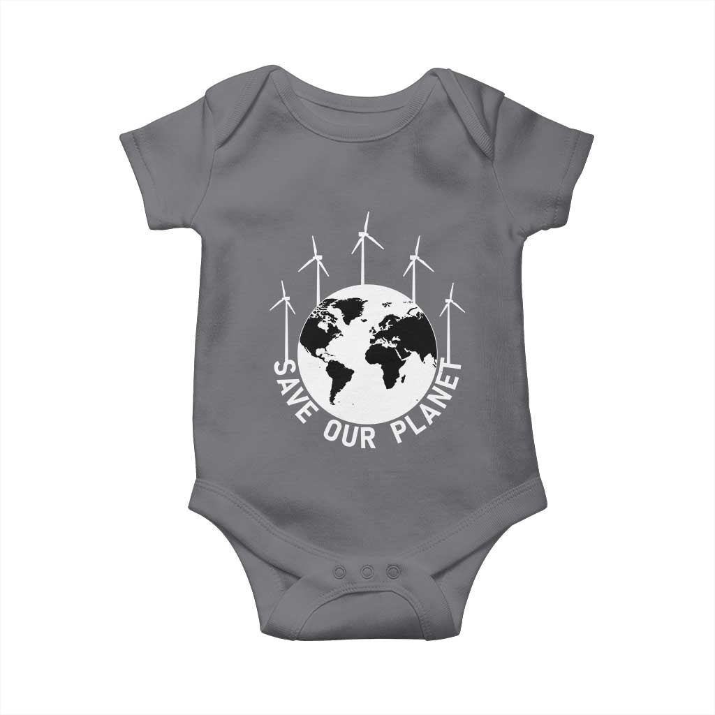 Save Our Planet Baby Onesie Wind Power Electricity Earth Day 2025 TS02 Charcoal Print Your Wear