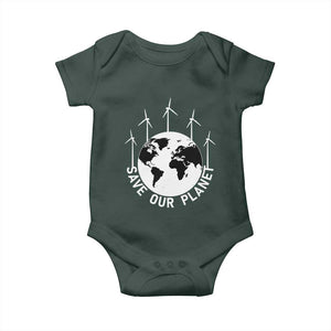 Save Our Planet Baby Onesie Wind Power Electricity Earth Day 2025 TS02 Dark Forest Green Print Your Wear
