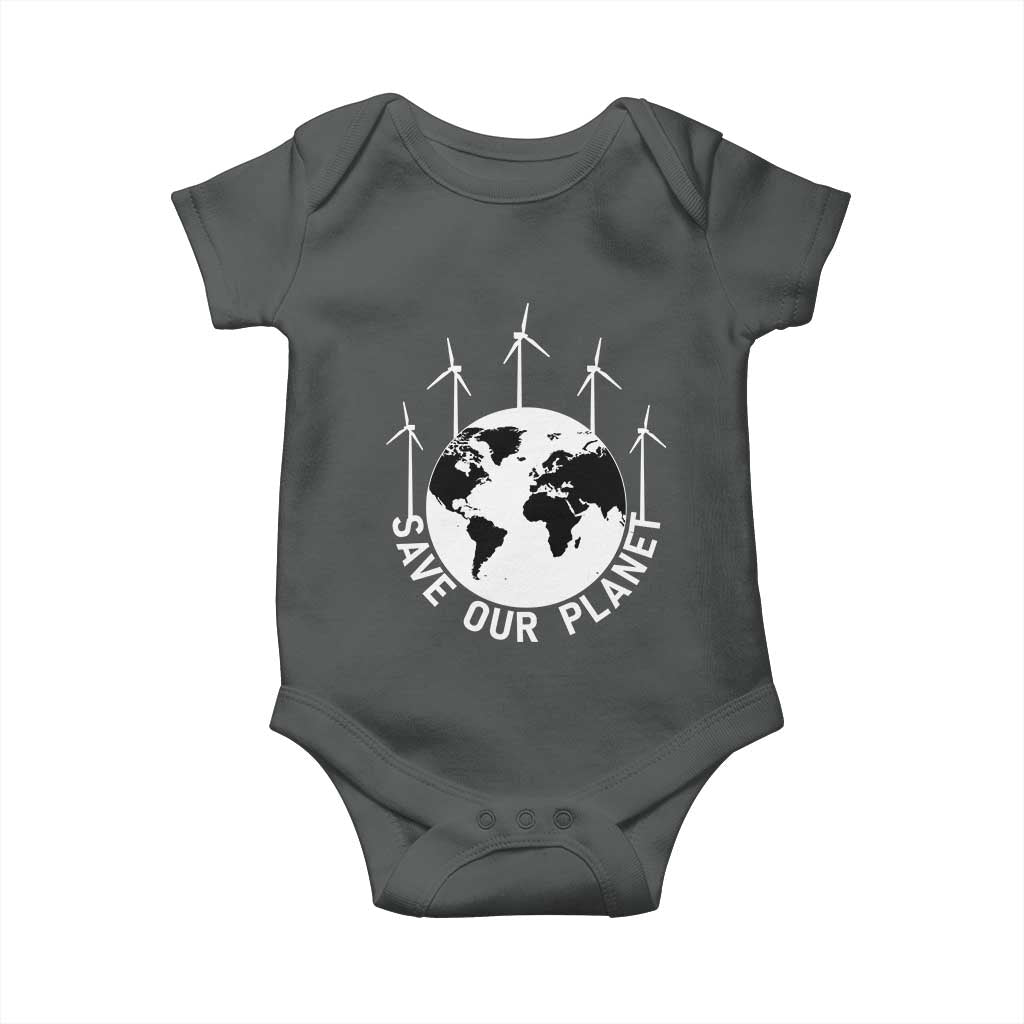 Save Our Planet Baby Onesie Wind Power Electricity Earth Day 2025 TS02 Dark Heather Print Your Wear