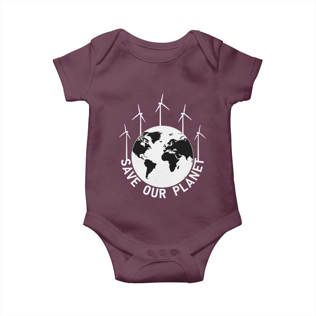 Save Our Planet Baby Onesie Wind Power Electricity Earth Day 2025 TS02 Maroon Print Your Wear