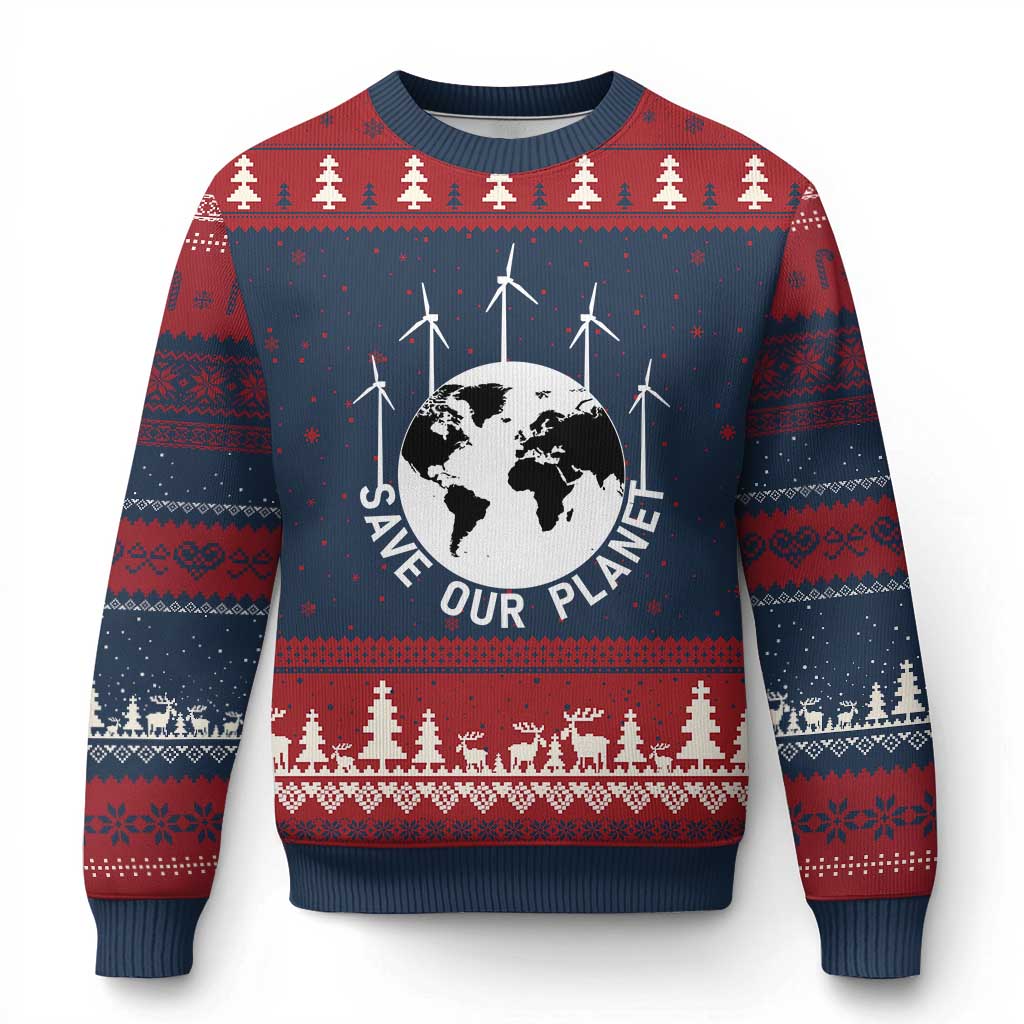 Save Our Planet Ugly Christmas Sweater Wind Power Electricity Earth Day 2025 TS02 Navy Red Print Your Wear