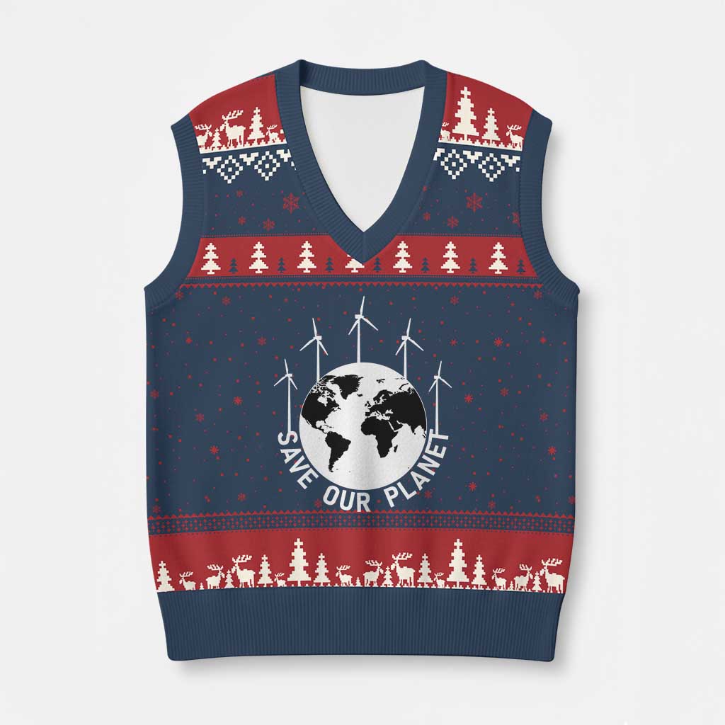 Save Our Planet V-Neck Knit Sweater Vest Wind Power Electricity Earth Day 2025 TS02 Navy Red Print Your Wear