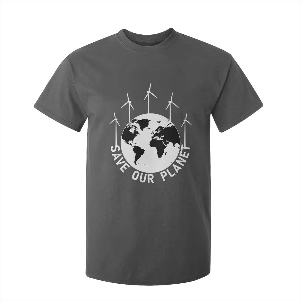 Save Our Planet T Shirt For Kid Wind Power Electricity Earth Day 2025 TS02 Dark Heather Print Your Wear