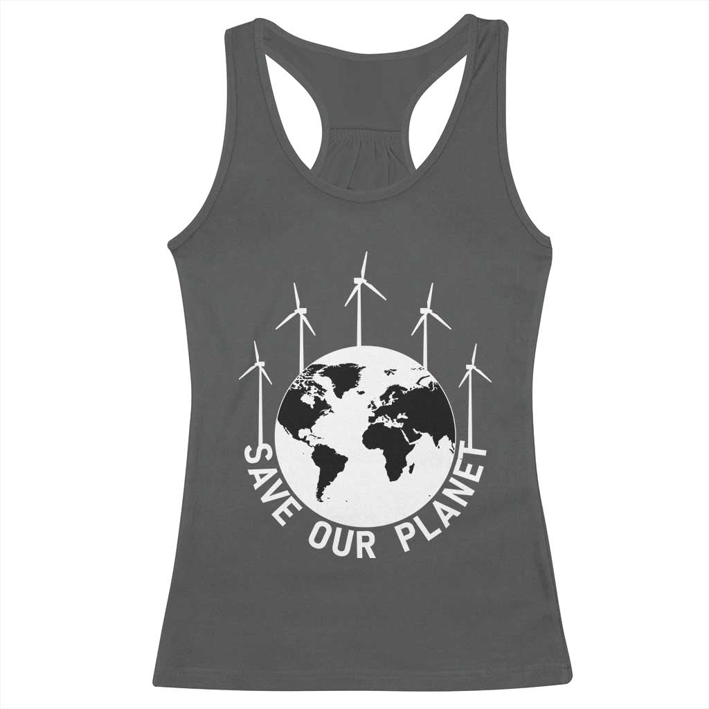 Save Our Planet Racerback Tank Top Wind Power Electricity Earth Day 2025 TS02 Dark Heather Print Your Wear