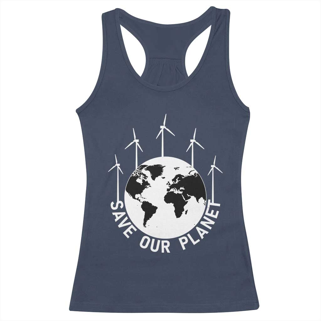 Save Our Planet Racerback Tank Top Wind Power Electricity Earth Day 2025 TS02 Navy Print Your Wear