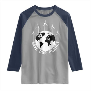 Save Our Planet Raglan Shirt Wind Power Electricity Earth Day 2025 TS02 Sport Gray Navy Print Your Wear