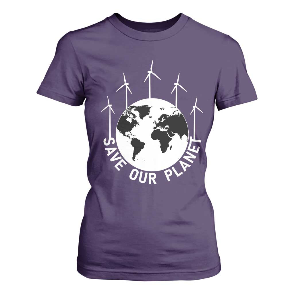 Save Our Planet T Shirt For Women Wind Power Electricity Earth Day 2025 TS02 Purple Print Your Wear