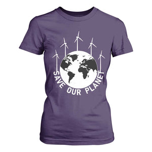 Save Our Planet T Shirt For Women Wind Power Electricity Earth Day 2025 TS02 Purple Print Your Wear